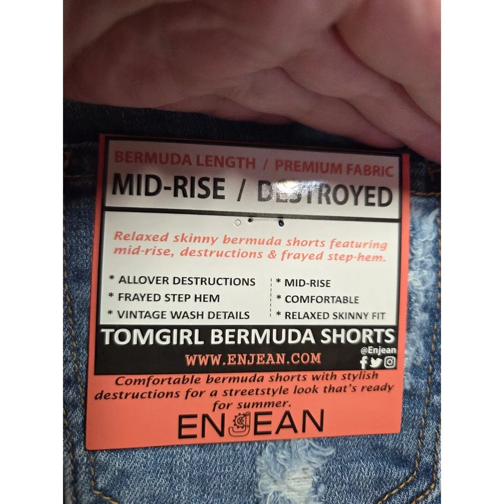 ENJEAN Womens Mid Rise Destroyed Distressed Denim Bermuda Shorts Size‎ S